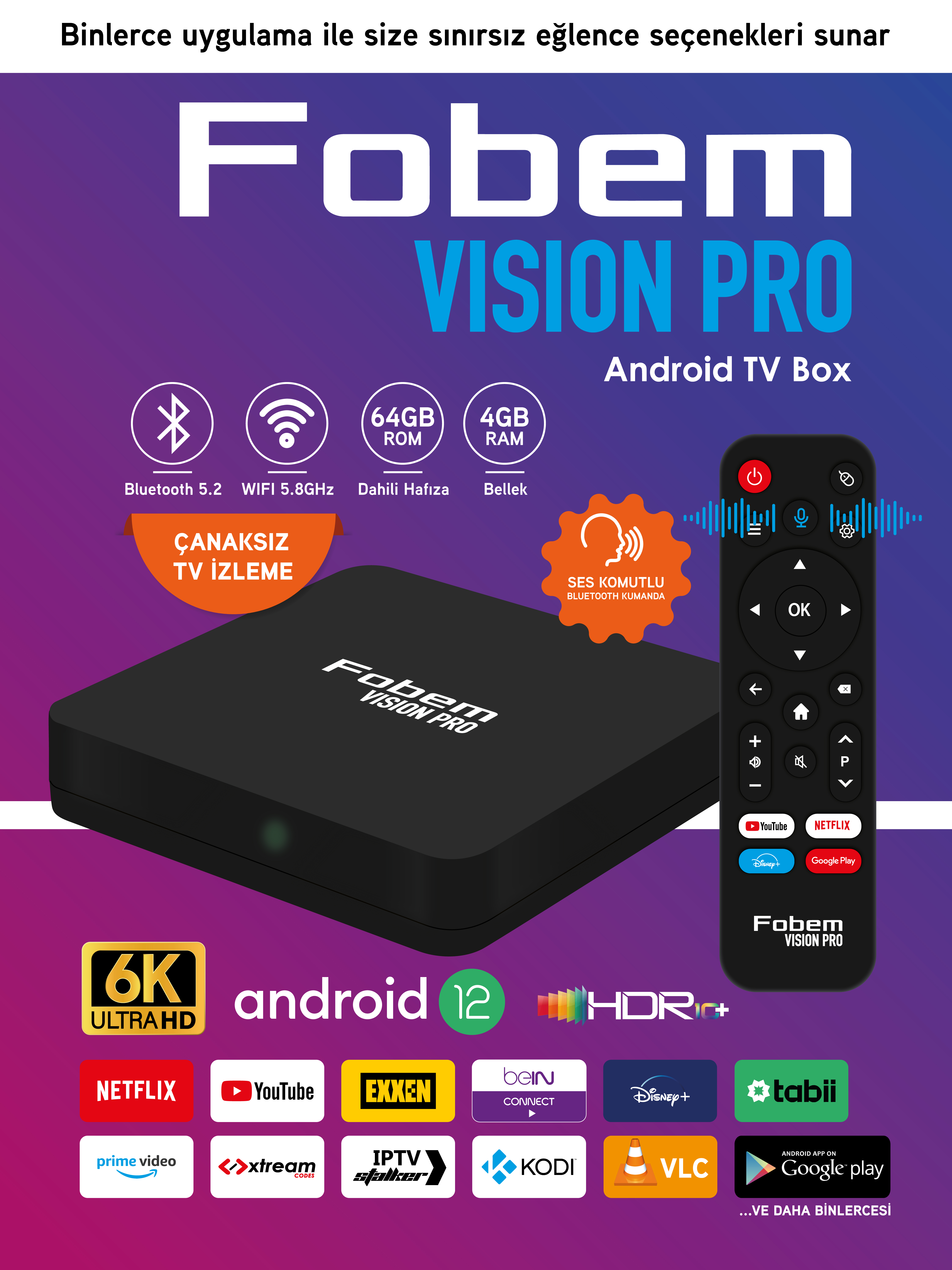 Fobem Vision Pro 6K Android Tv Box Medya Oynatıcı Sesli Komut Bluetooth WiFi 4 Gb Ram 64 Gb Hafıza