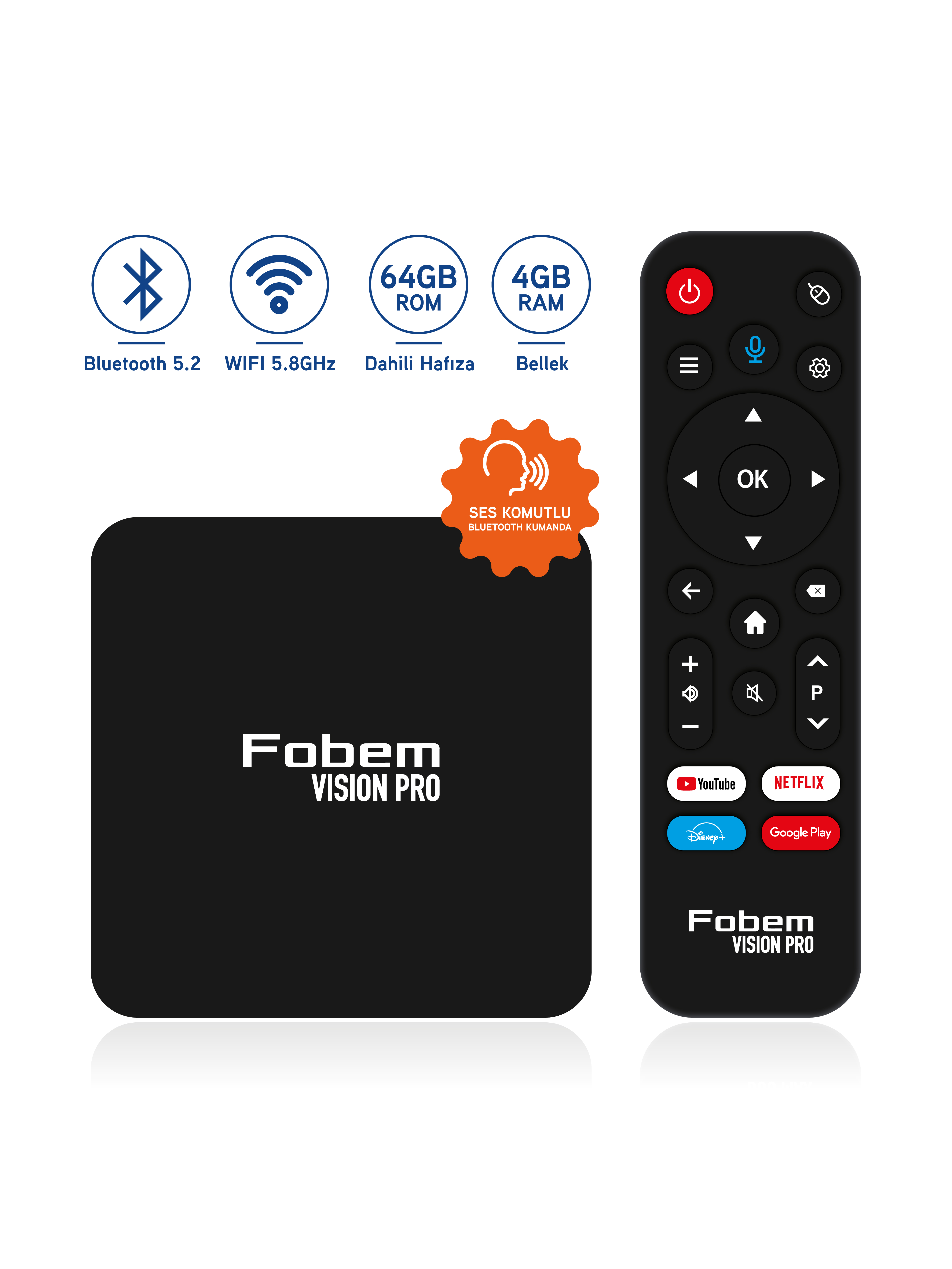 Fobem Vision Pro 6K Android Tv Box Medya Oynatıcı Sesli Komut Bluetooth WiFi 4 Gb Ram 64 Gb Hafıza